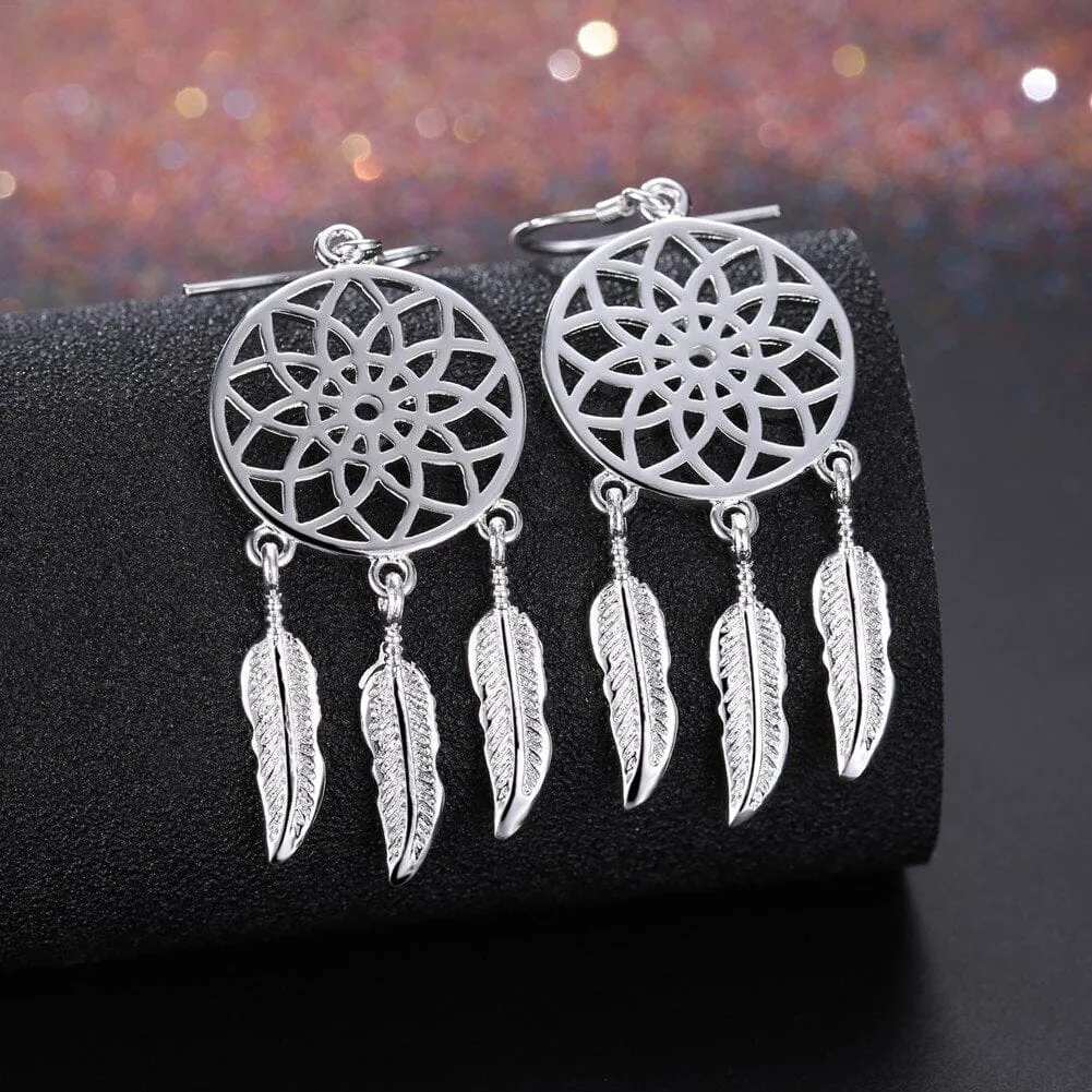 Dream Catcher Feathers Silver Earrings