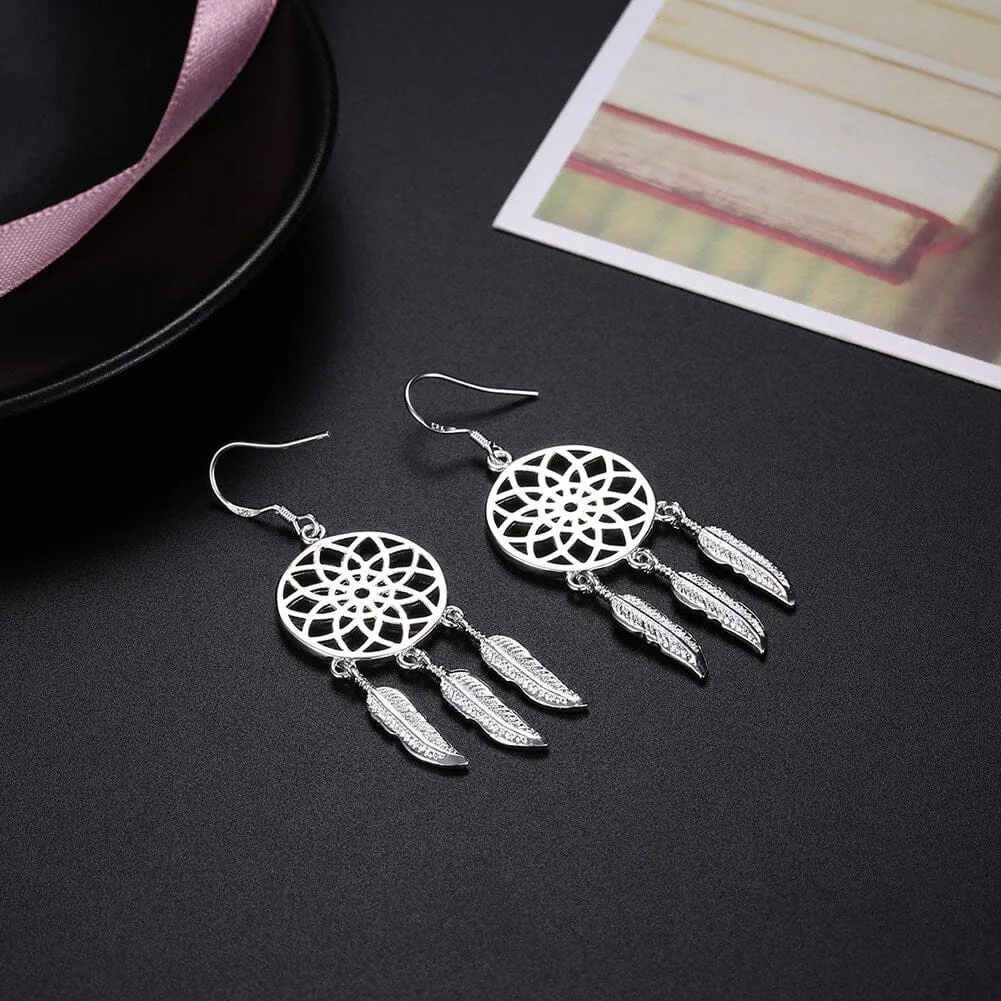 Dream Catcher Feathers Silver Earrings