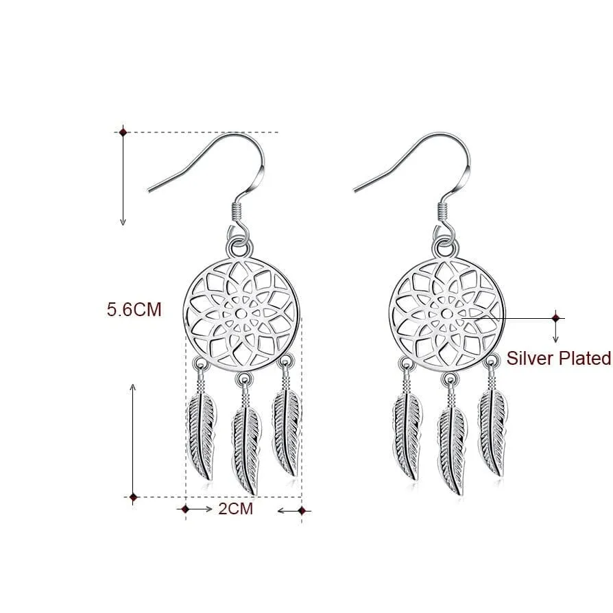 Dream Catcher Feathers Silver Earrings