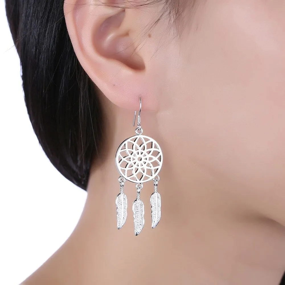 Dream Catcher Feathers Silver Earrings