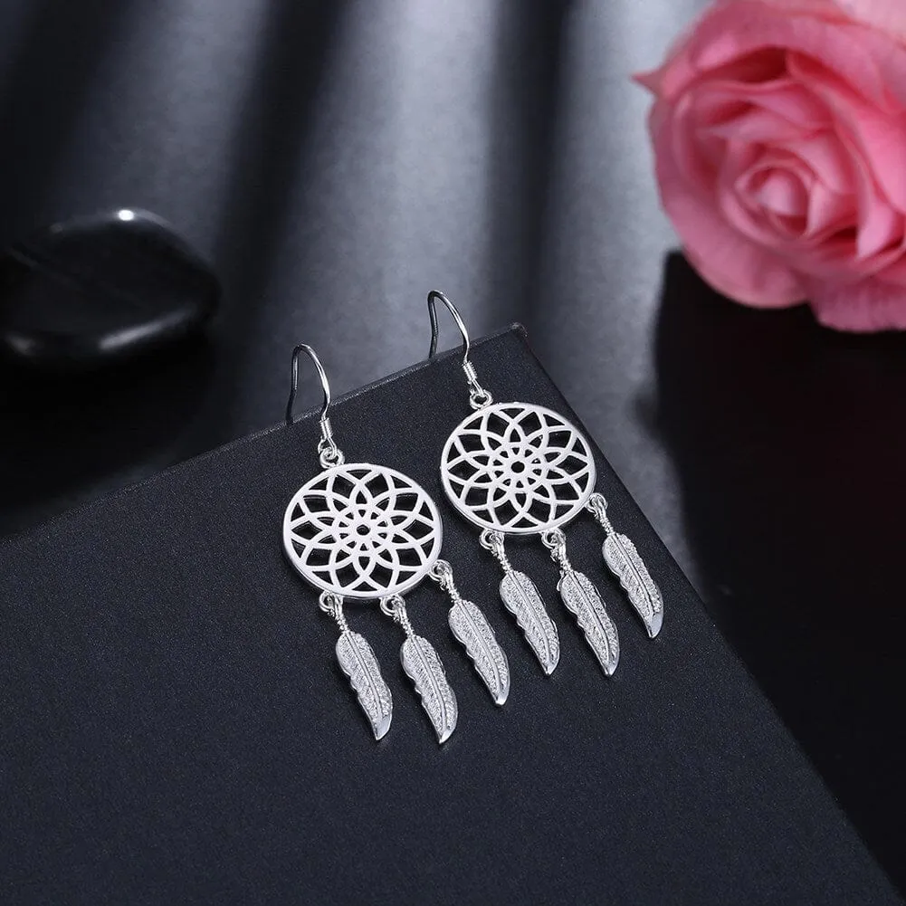 Dream Catcher Feathers Silver Earrings