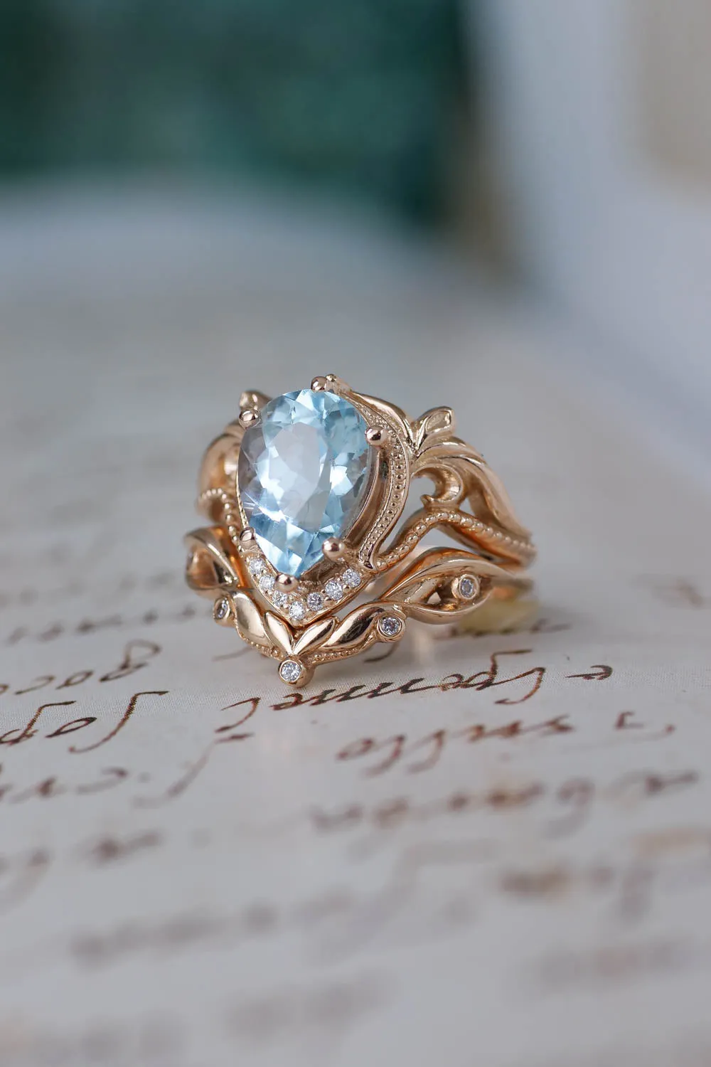 Engagement ring with aquamarine, big pear cut gemstone / Lida