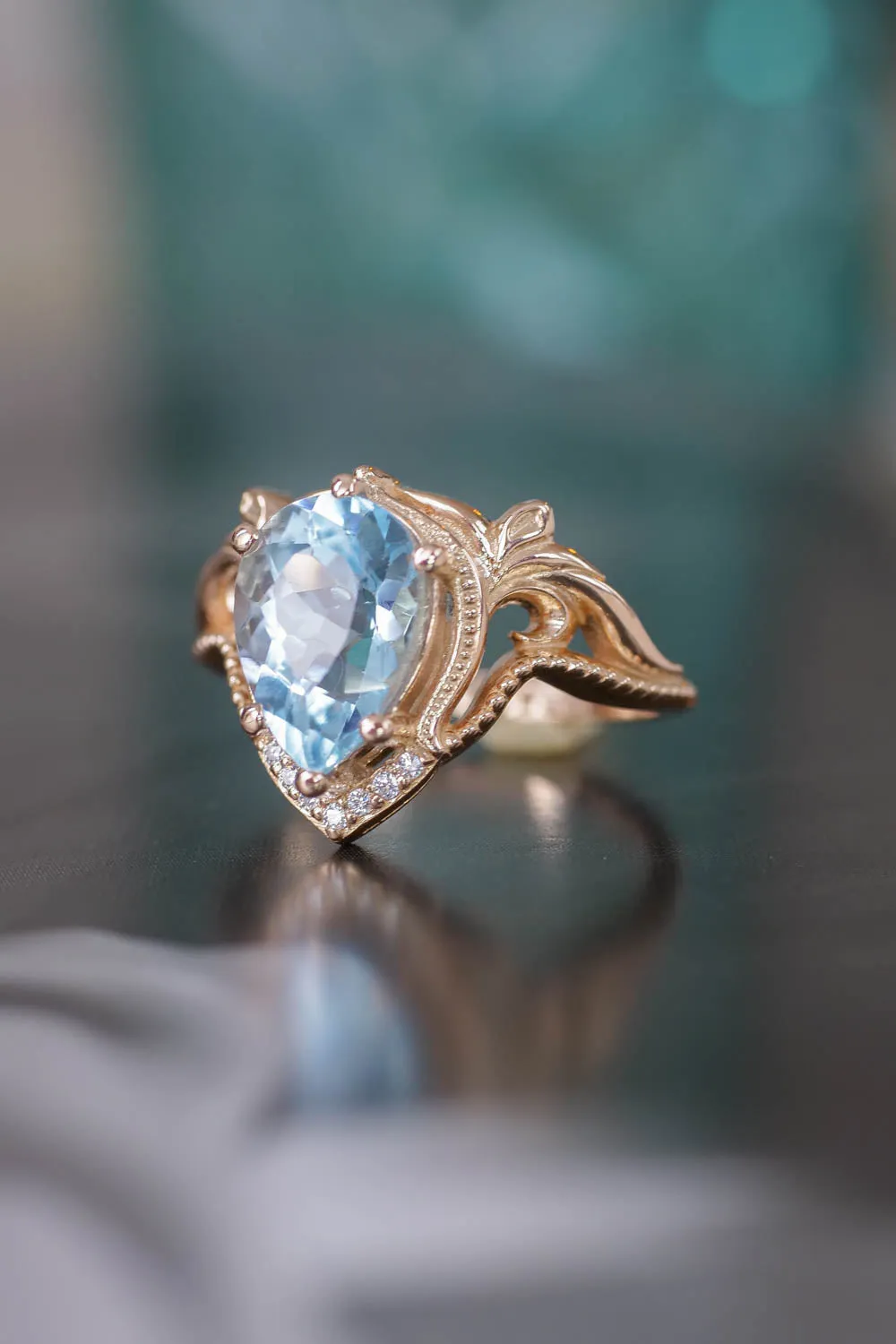 Engagement ring with aquamarine, big pear cut gemstone / Lida