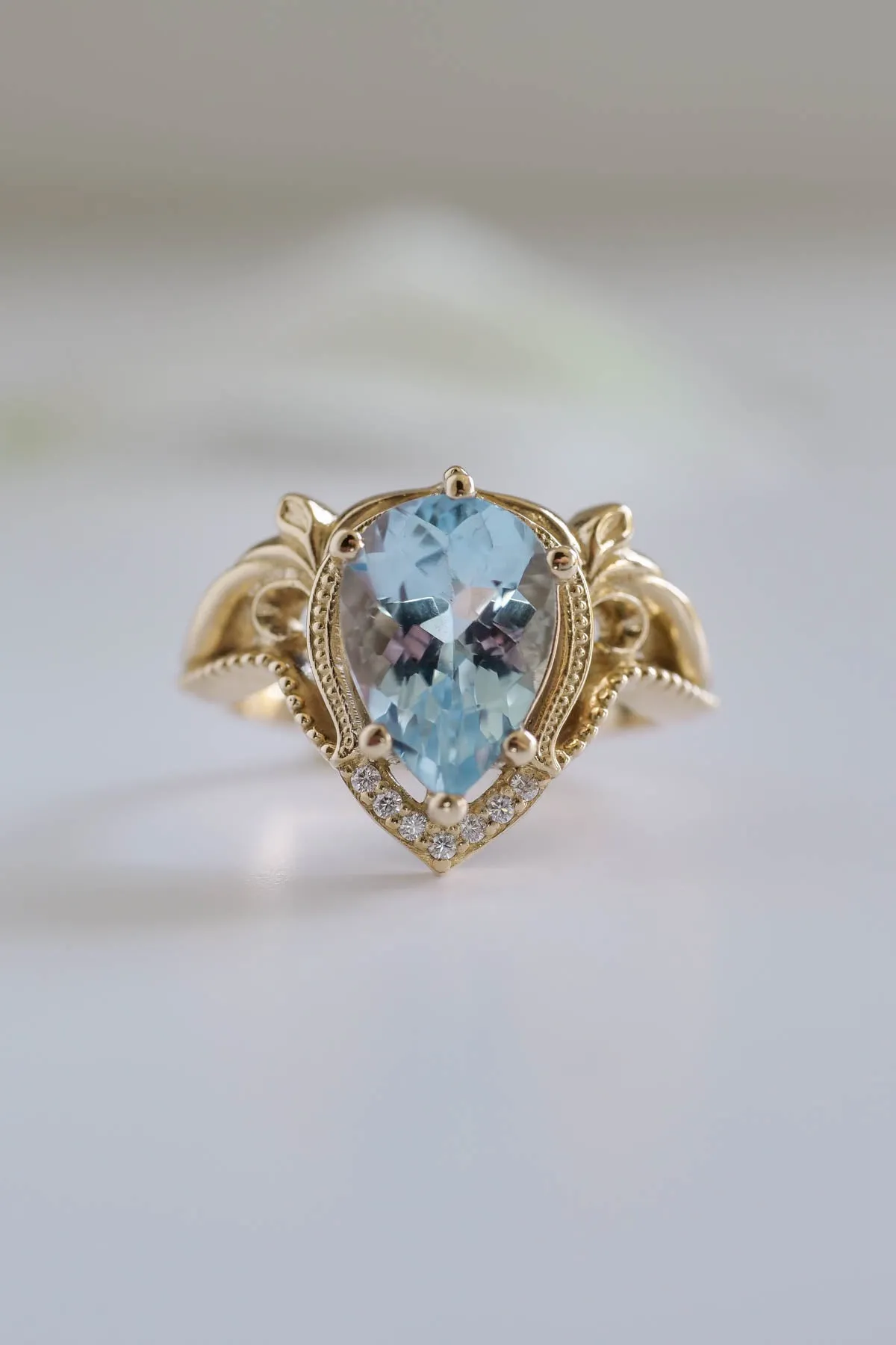 Engagement ring with aquamarine, big pear cut gemstone / Lida