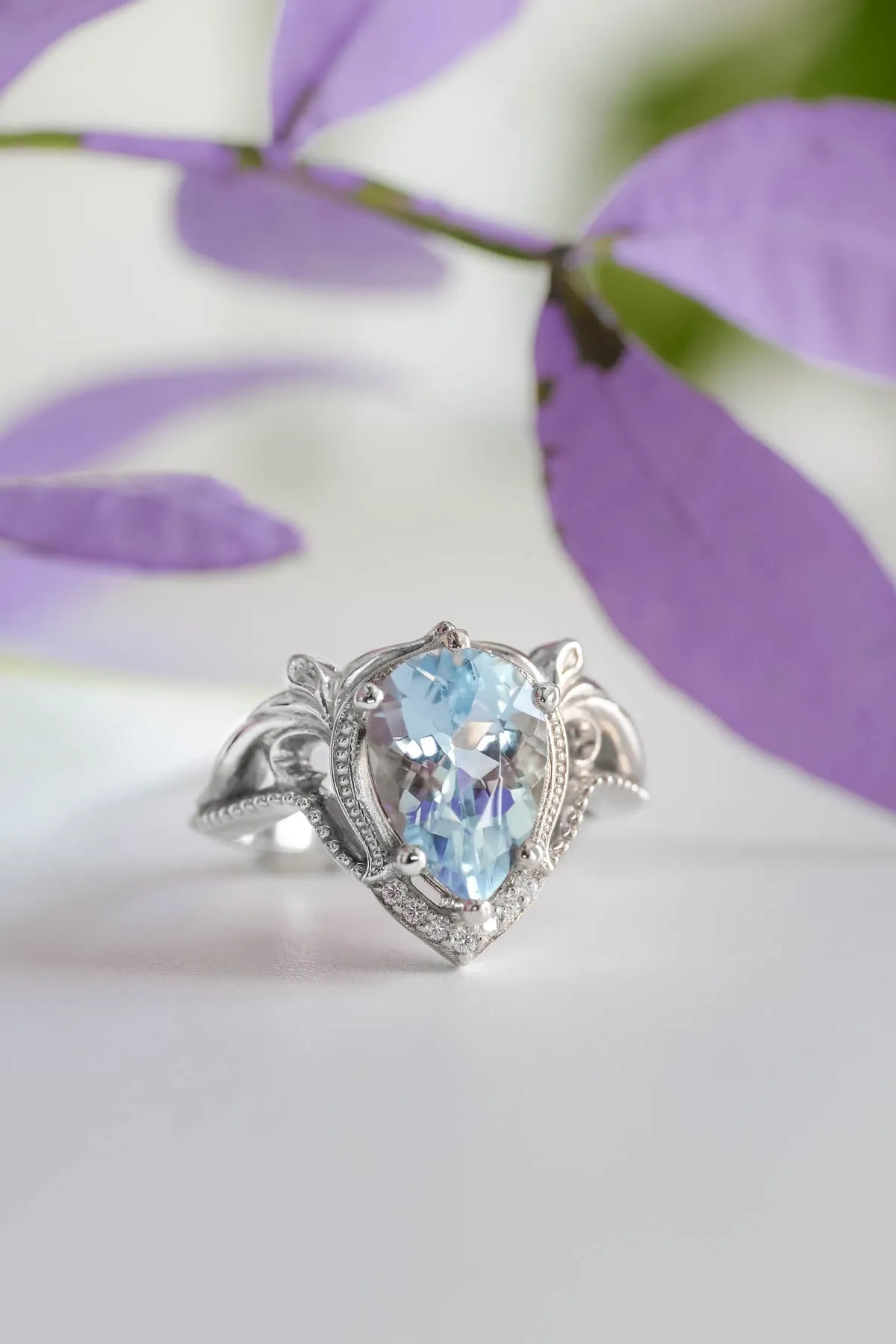 Engagement ring with aquamarine, big pear cut gemstone / Lida