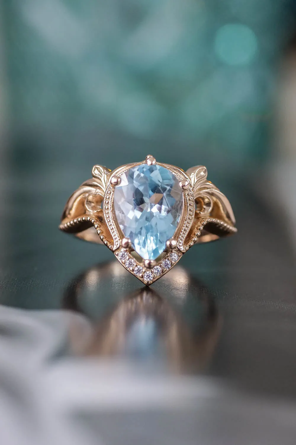 Engagement ring with aquamarine, big pear cut gemstone / Lida