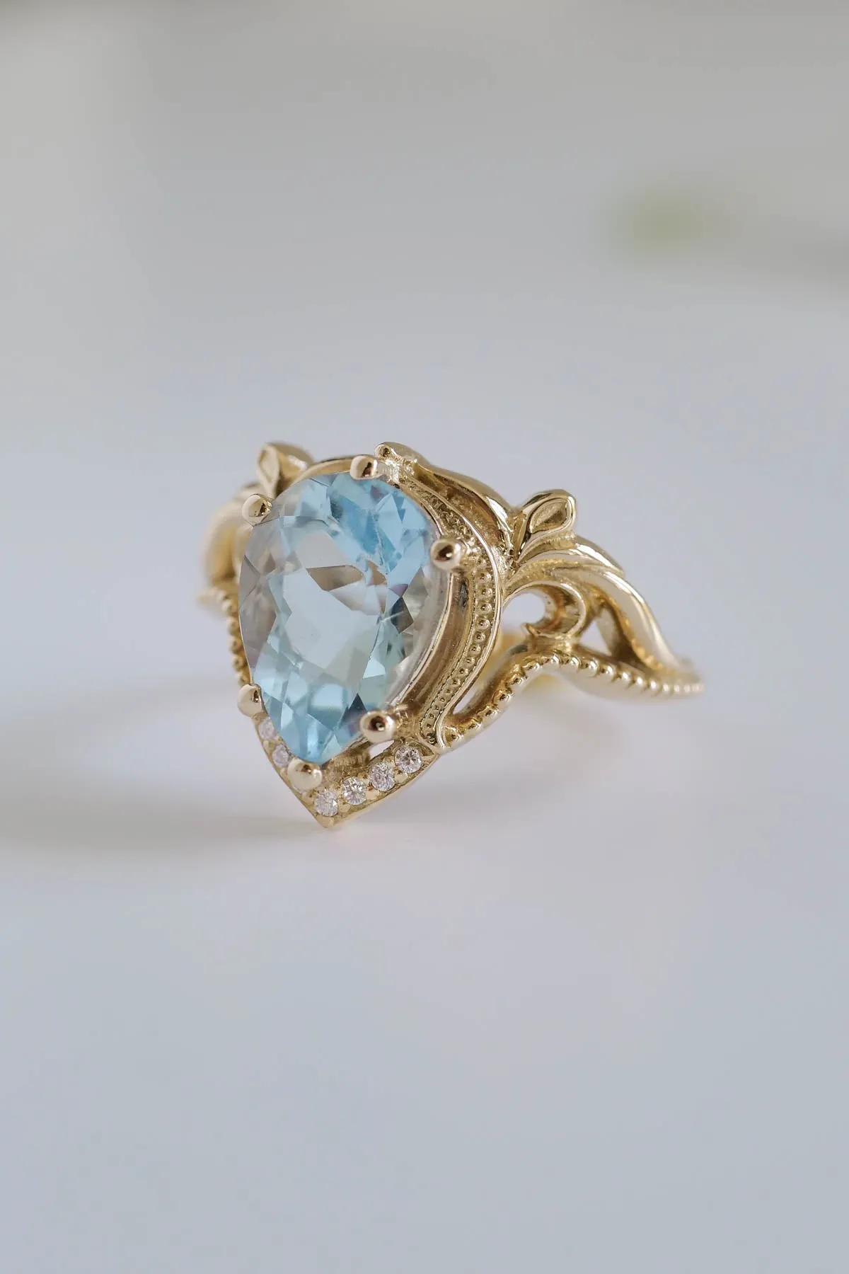 Engagement ring with aquamarine, big pear cut gemstone / Lida