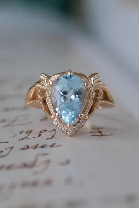 Engagement ring with aquamarine, big pear cut gemstone / Lida