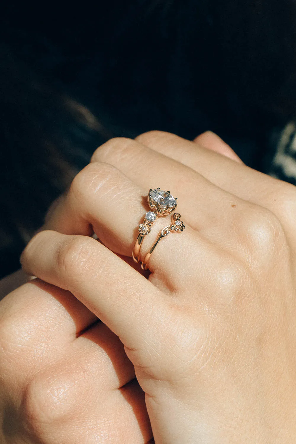 Ethical lab grown diamond engagement ring, rose gold flower promise ring with diamonds / Fiorella