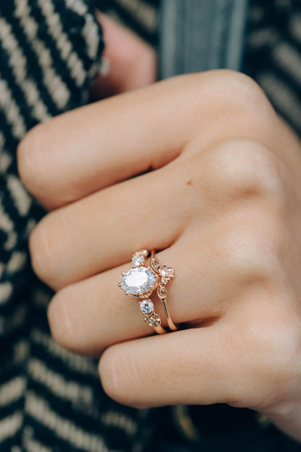 Ethical lab grown diamond engagement ring, rose gold flower promise ring with diamonds / Fiorella