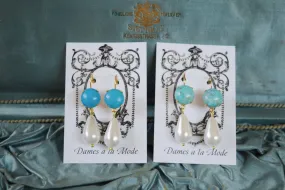 Faux Turquoise and Pearl Dangles - Round