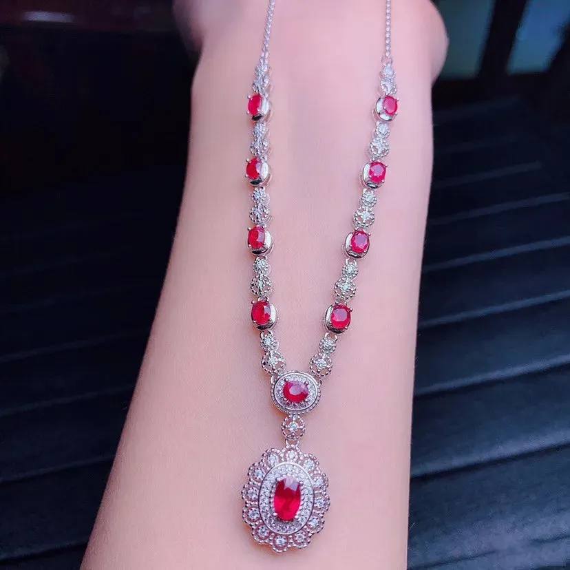 Flower Ruby and Diamond Pendant 925 Sterling Silver Necklace