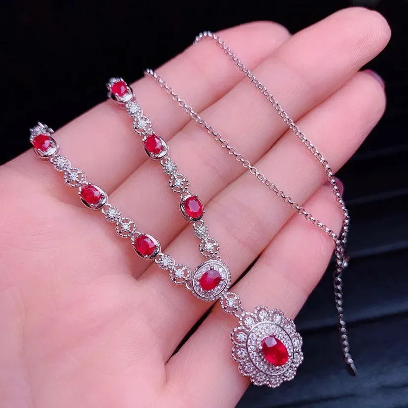 Flower Ruby and Diamond Pendant 925 Sterling Silver Necklace