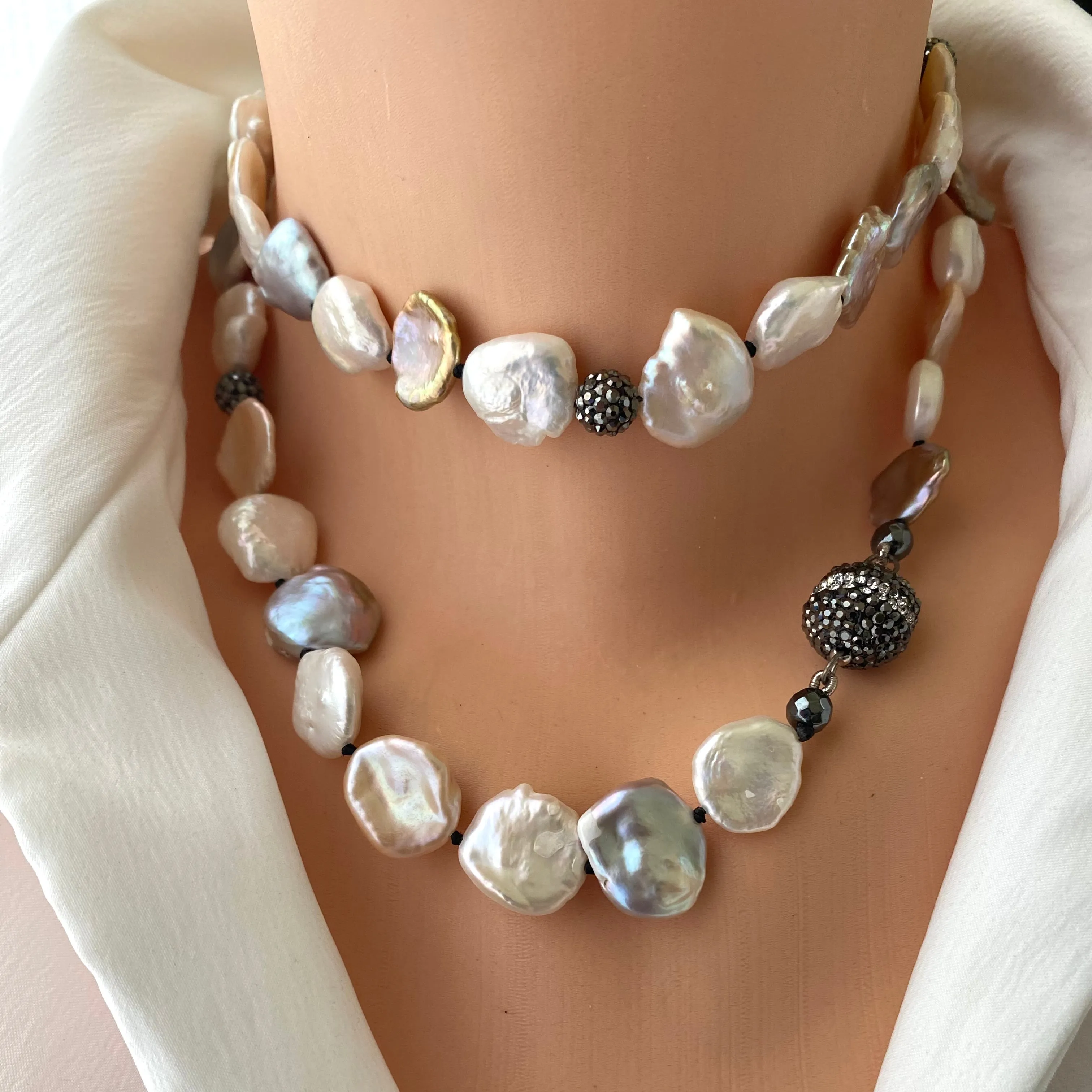 Freshwater Pearl Long Necklace, Flat Pastel Keshi Pearls, Rhinestone Pave Beads and Magnetic Clasp, 31inches