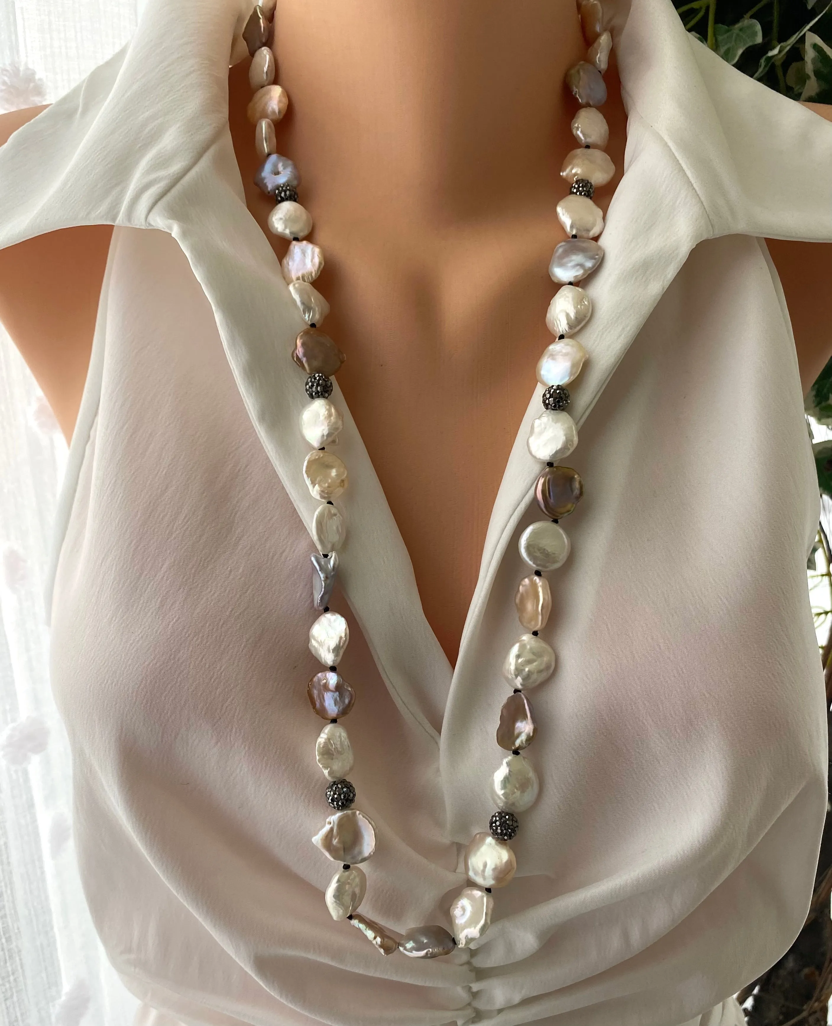 Freshwater Pearl Long Necklace, Flat Pastel Keshi Pearls, Rhinestone Pave Beads and Magnetic Clasp, 31inches