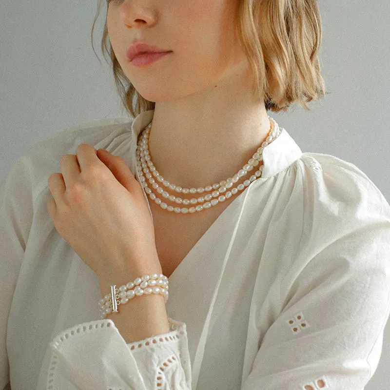 Freshwater Rice Pearl Triple Necklace & Bracelet