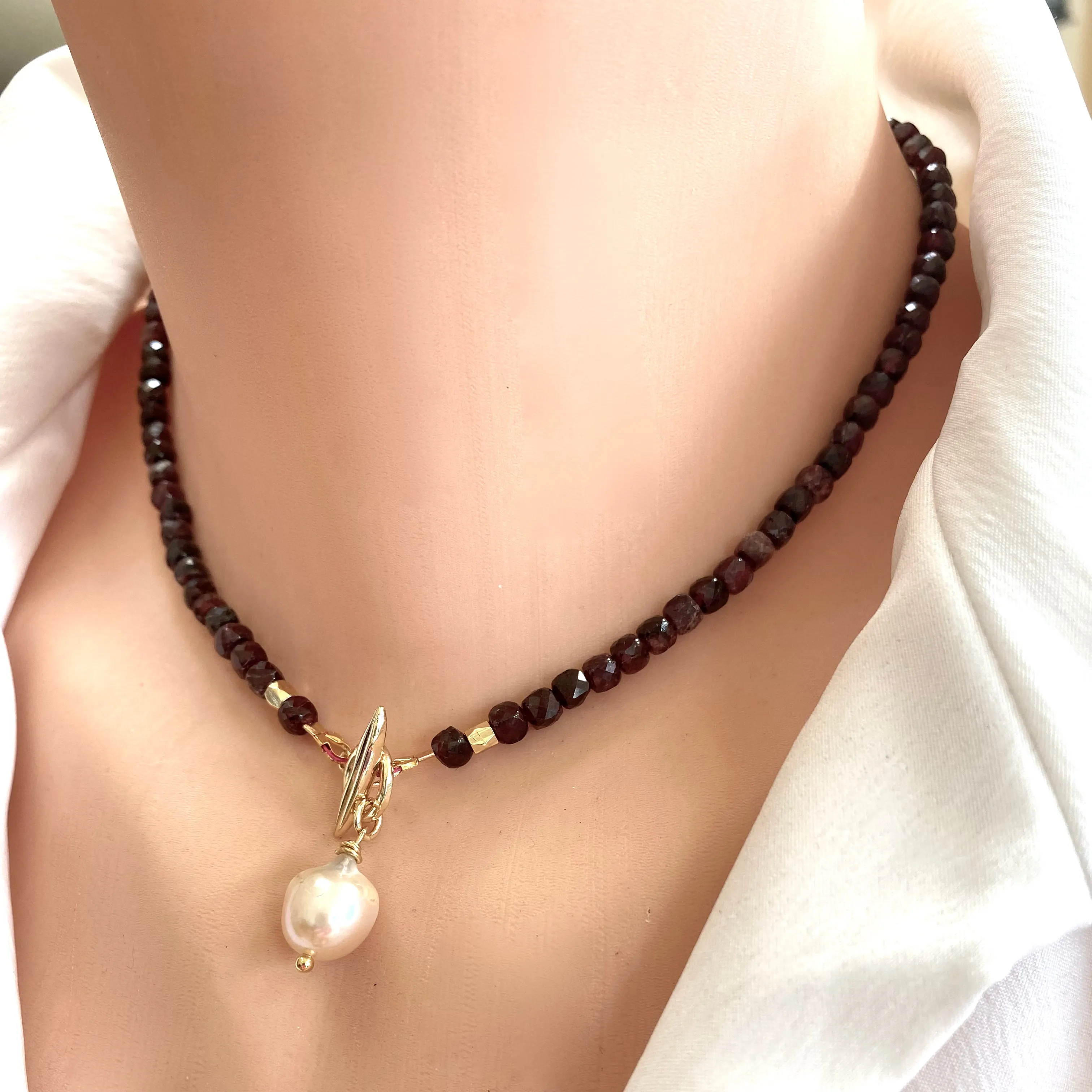 Garnet Toggle Necklace with Baroque Pearl Pendant, Gold Plated, January Birthstone Gift For Her, 16in