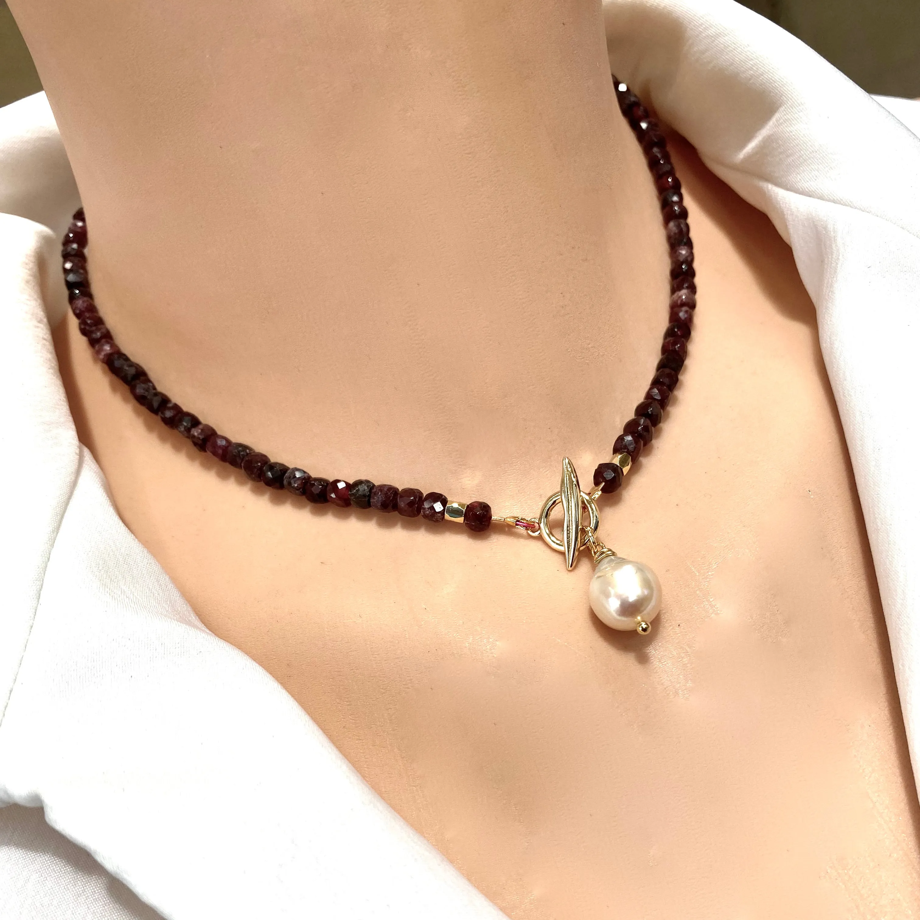 Garnet Toggle Necklace with Baroque Pearl Pendant, Gold Plated, January Birthstone Gift For Her, 16in