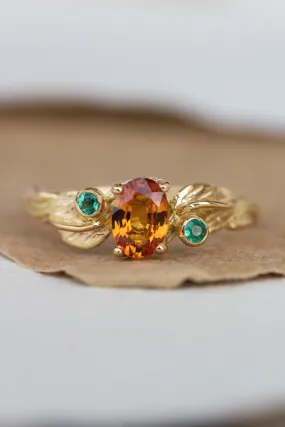 Genuine orange sapphire and natural emeralds branch engagement ring / Arius