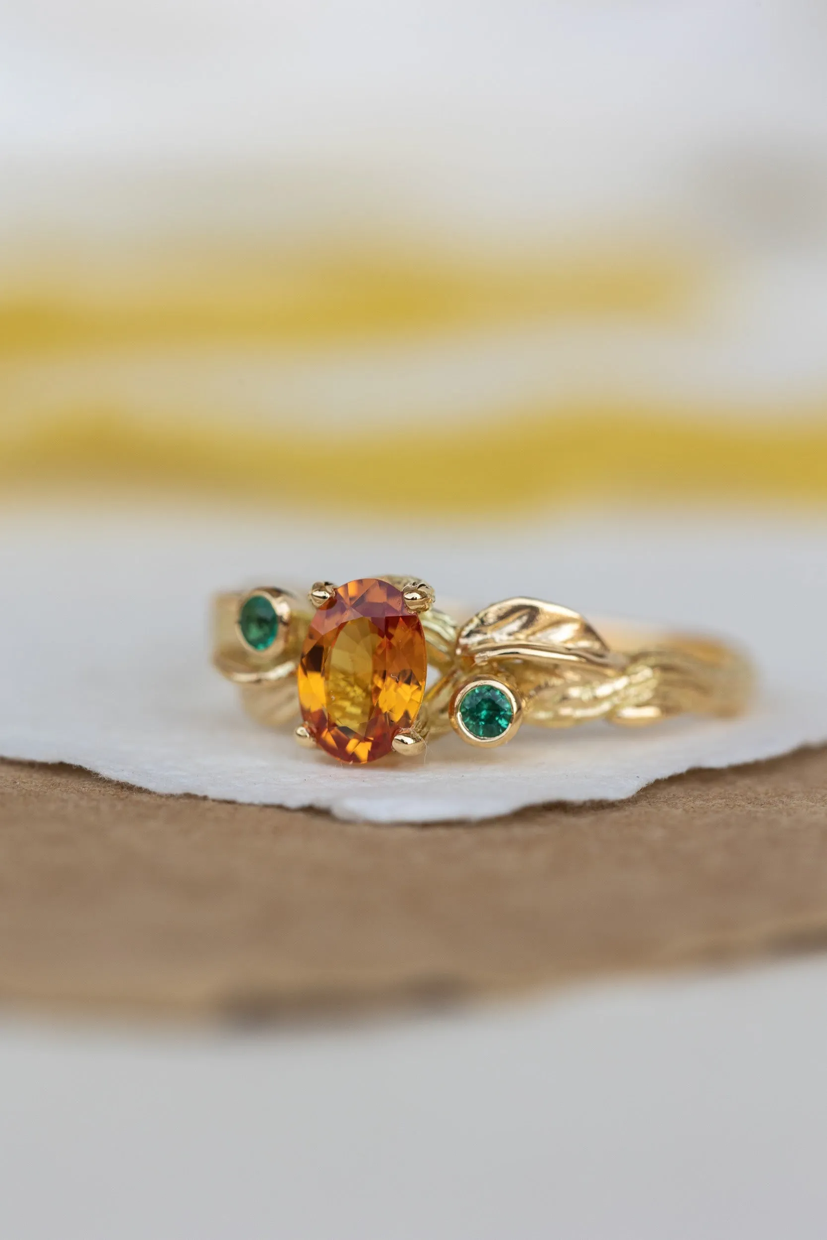 Genuine orange sapphire and natural emeralds branch engagement ring / Arius