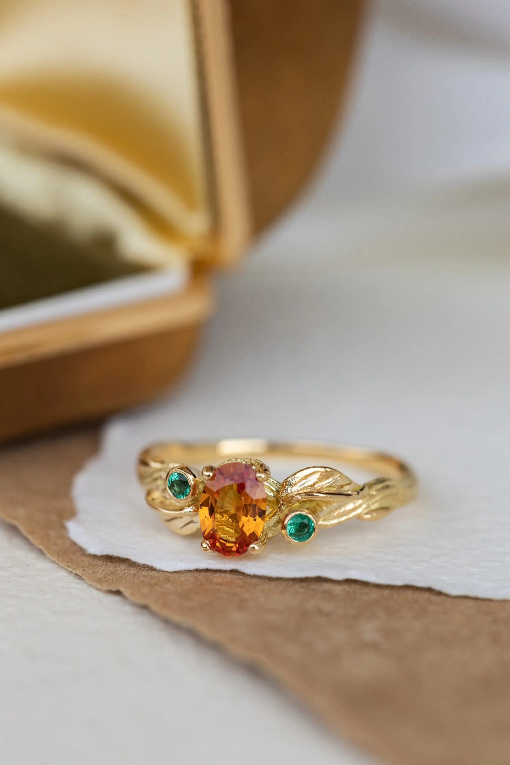 Genuine orange sapphire and natural emeralds branch engagement ring / Arius