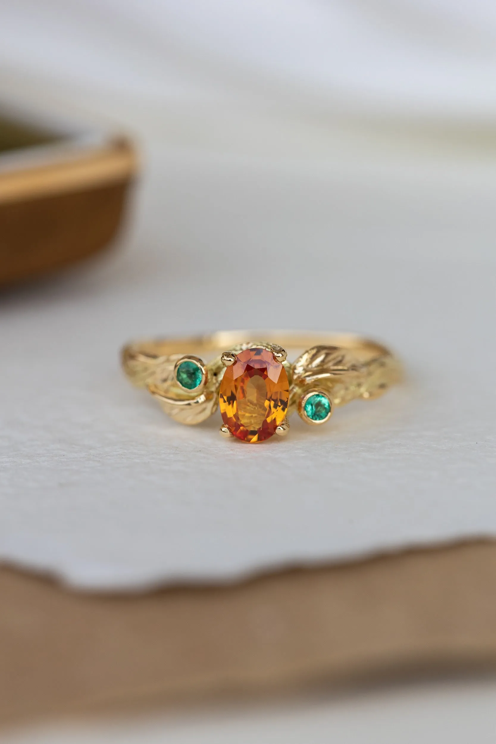 Genuine orange sapphire and natural emeralds branch engagement ring / Arius