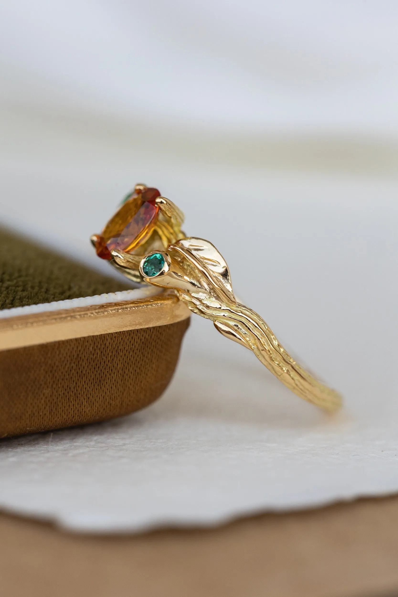 Genuine orange sapphire and natural emeralds branch engagement ring / Arius