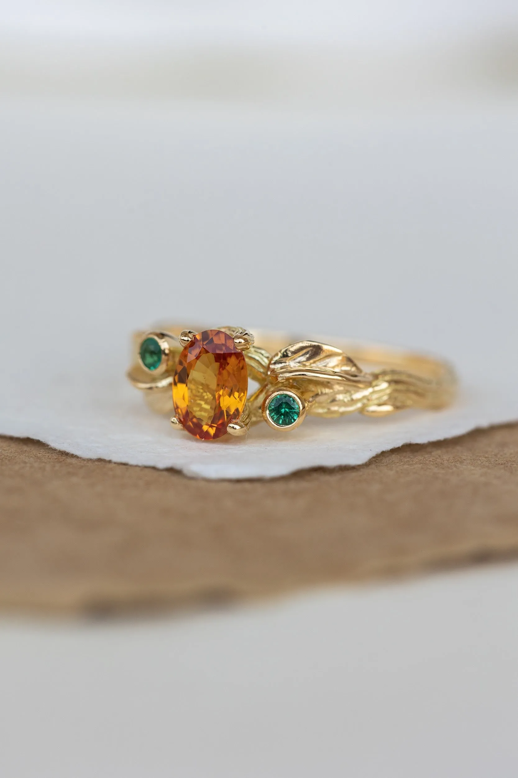 Genuine orange sapphire and natural emeralds branch engagement ring / Arius