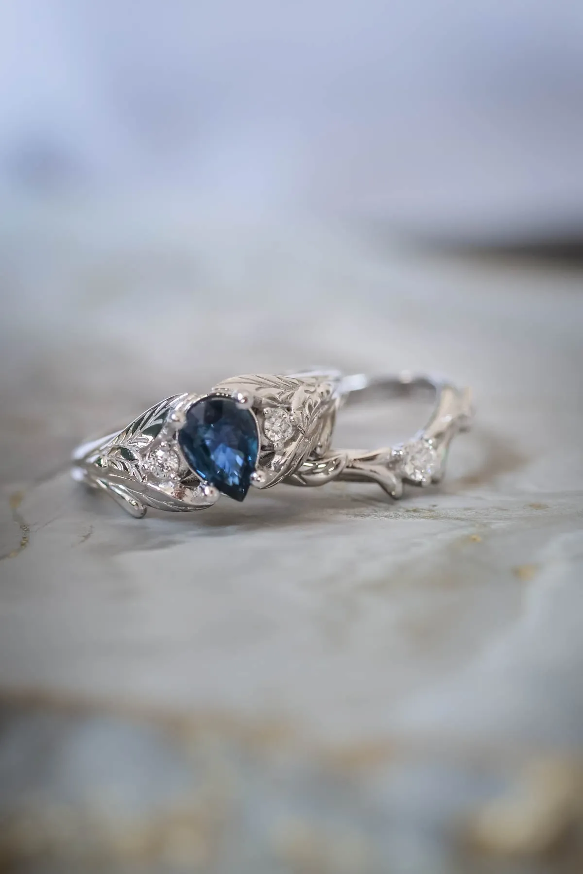 Genuine sapphire bridal ring set, blue sapphire ring  / Wisteria