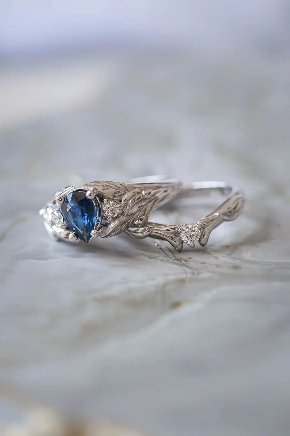 Genuine sapphire bridal ring set, blue sapphire ring  / Wisteria