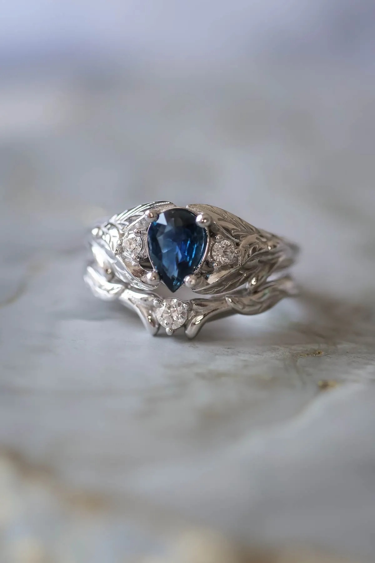 Genuine sapphire bridal ring set, blue sapphire ring  / Wisteria