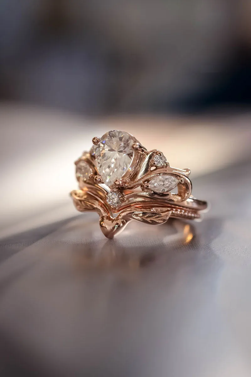 Genuine white sapphire engagement ring, nature inspired rose gold proposal ring / Swanlake