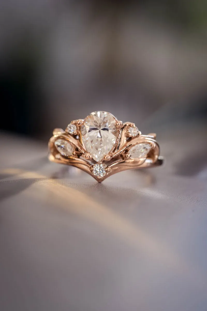 Genuine white sapphire engagement ring, nature inspired rose gold proposal ring / Swanlake