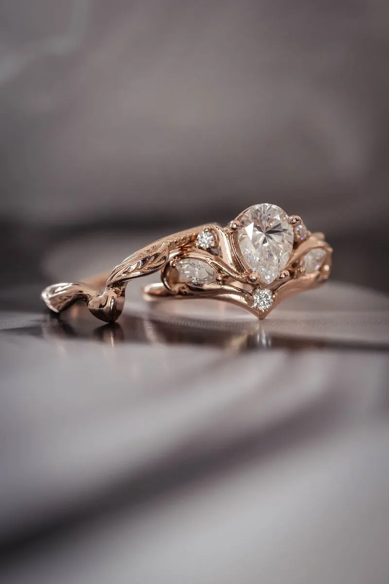 Genuine white sapphire engagement ring, nature inspired rose gold proposal ring / Swanlake