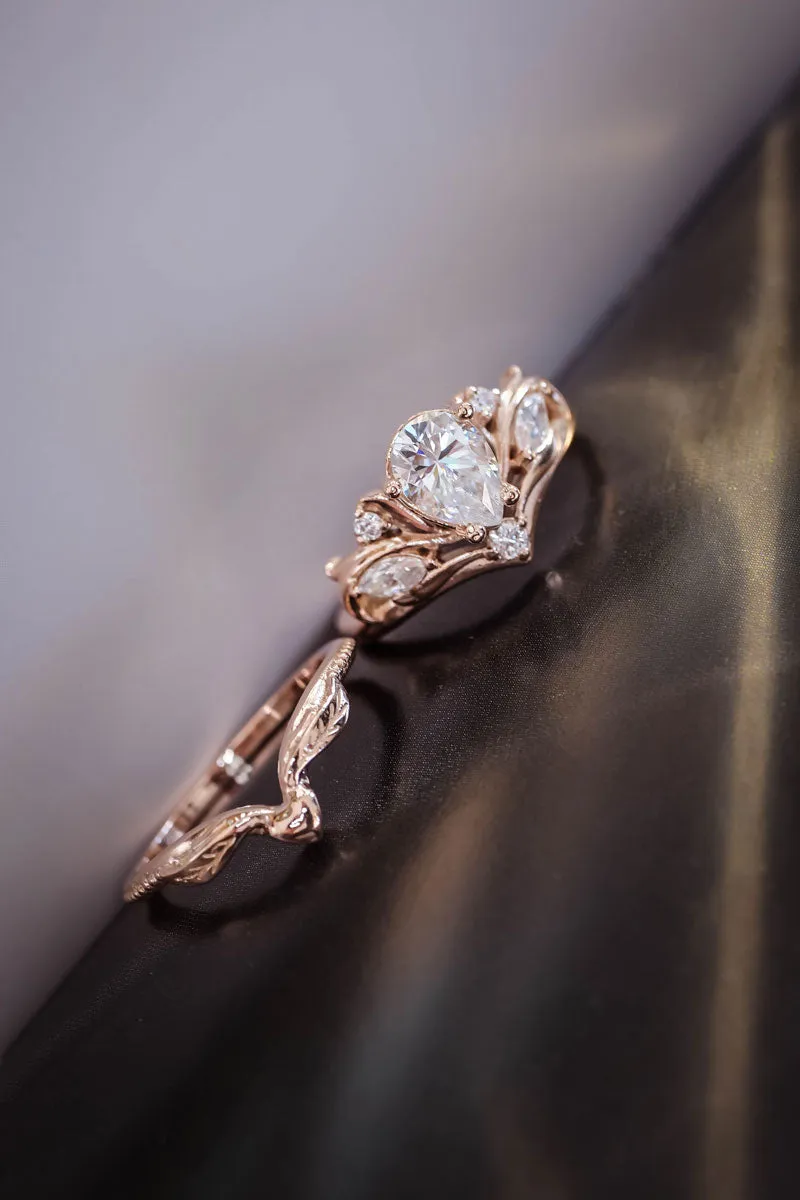 Genuine white sapphire engagement ring, nature inspired rose gold proposal ring / Swanlake