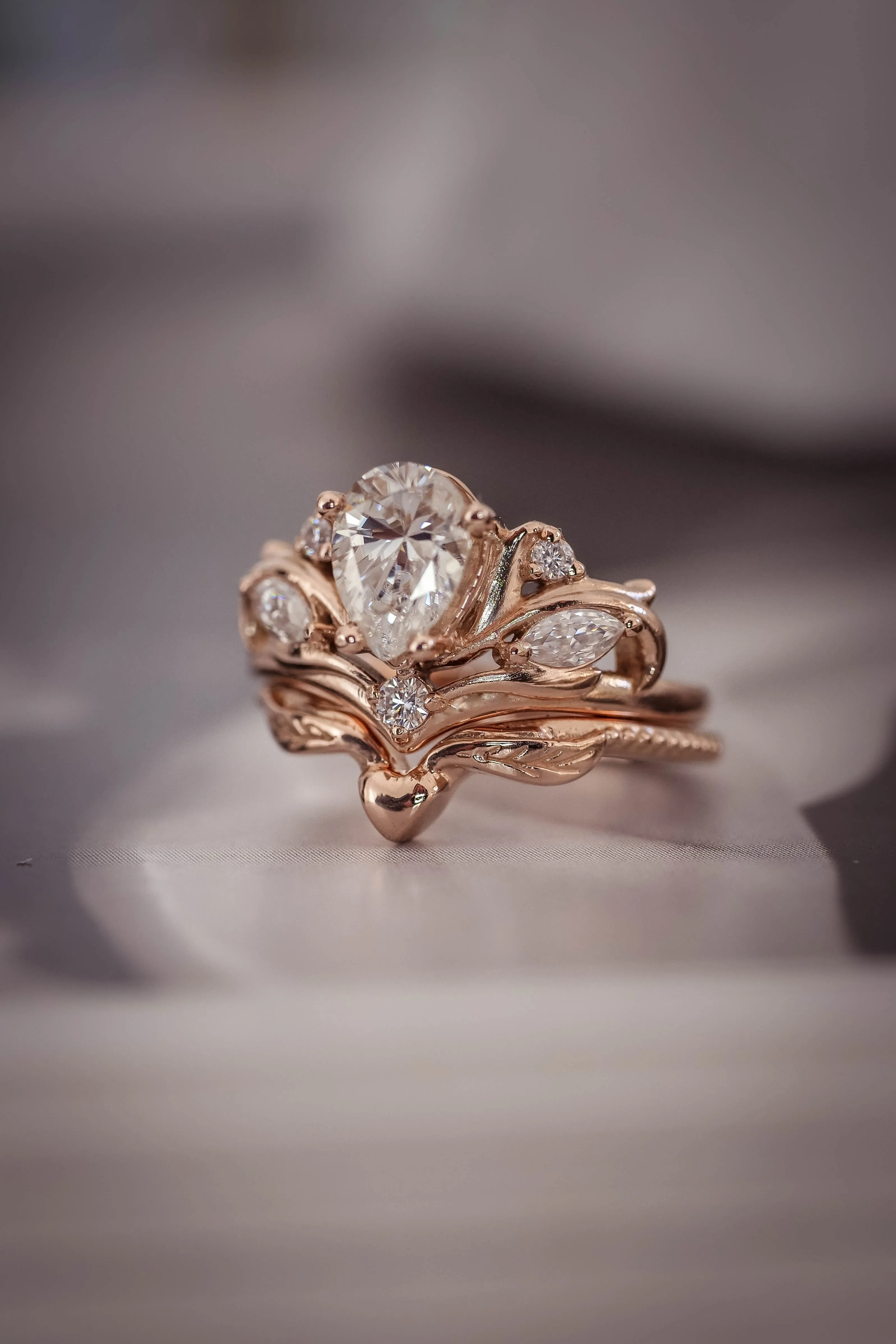 Genuine white sapphire engagement ring, nature inspired rose gold proposal ring / Swanlake