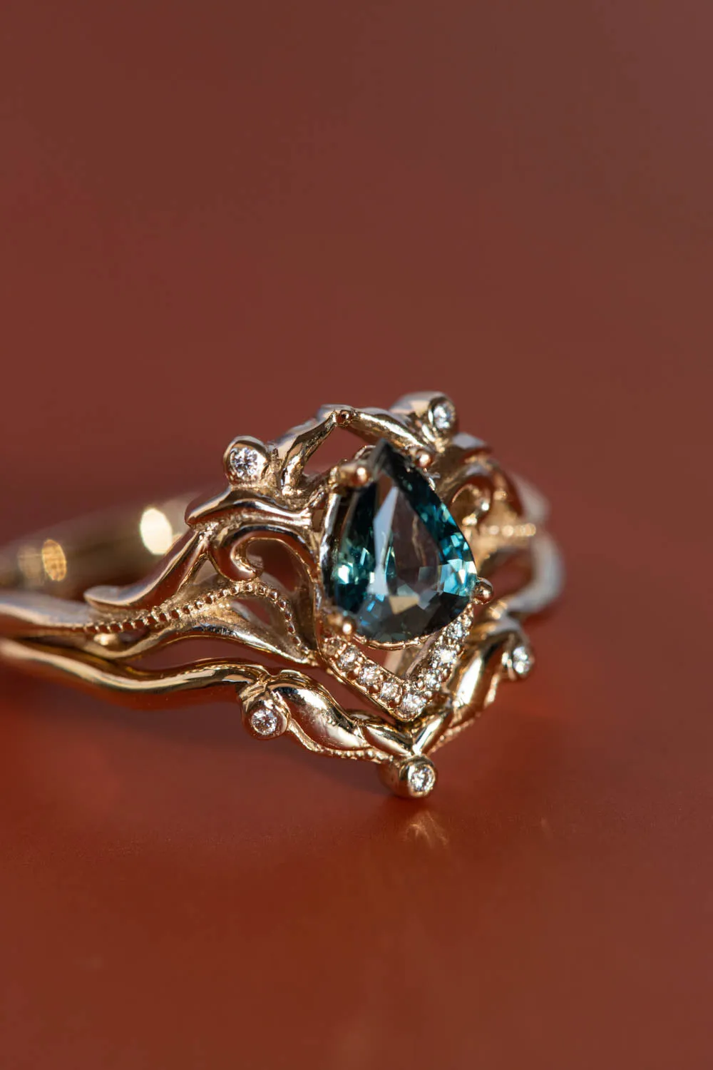 Gold engagement ring set with natural teal sapphire and diamonds / Lida small