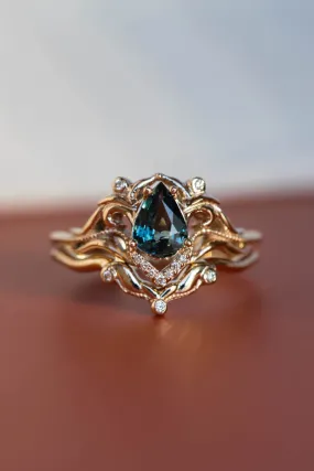 Gold engagement ring set with natural teal sapphire and diamonds / Lida small