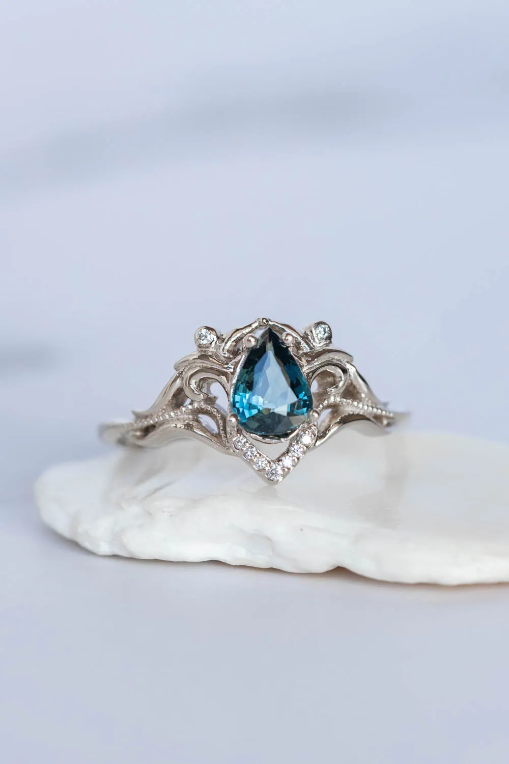 Gold engagement ring set with natural teal sapphire and diamonds / Lida small