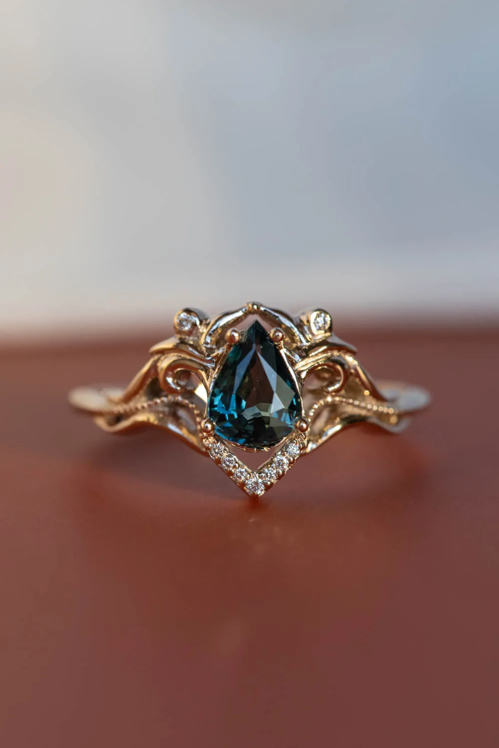 Gold engagement ring set with natural teal sapphire and diamonds / Lida small