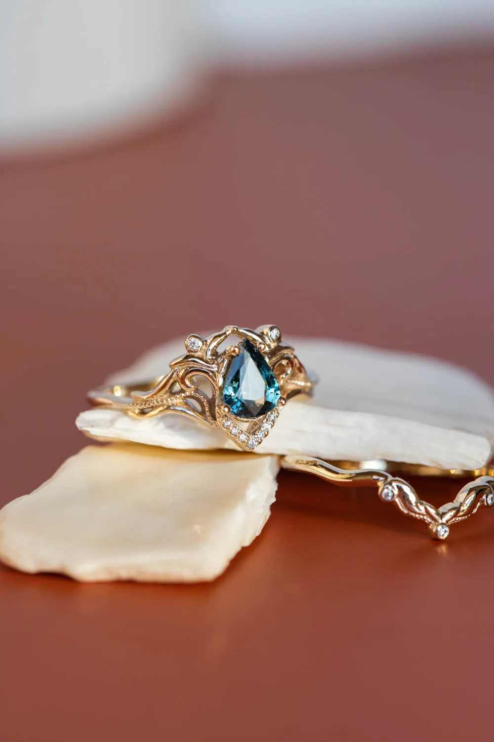 Gold engagement ring set with natural teal sapphire and diamonds / Lida small