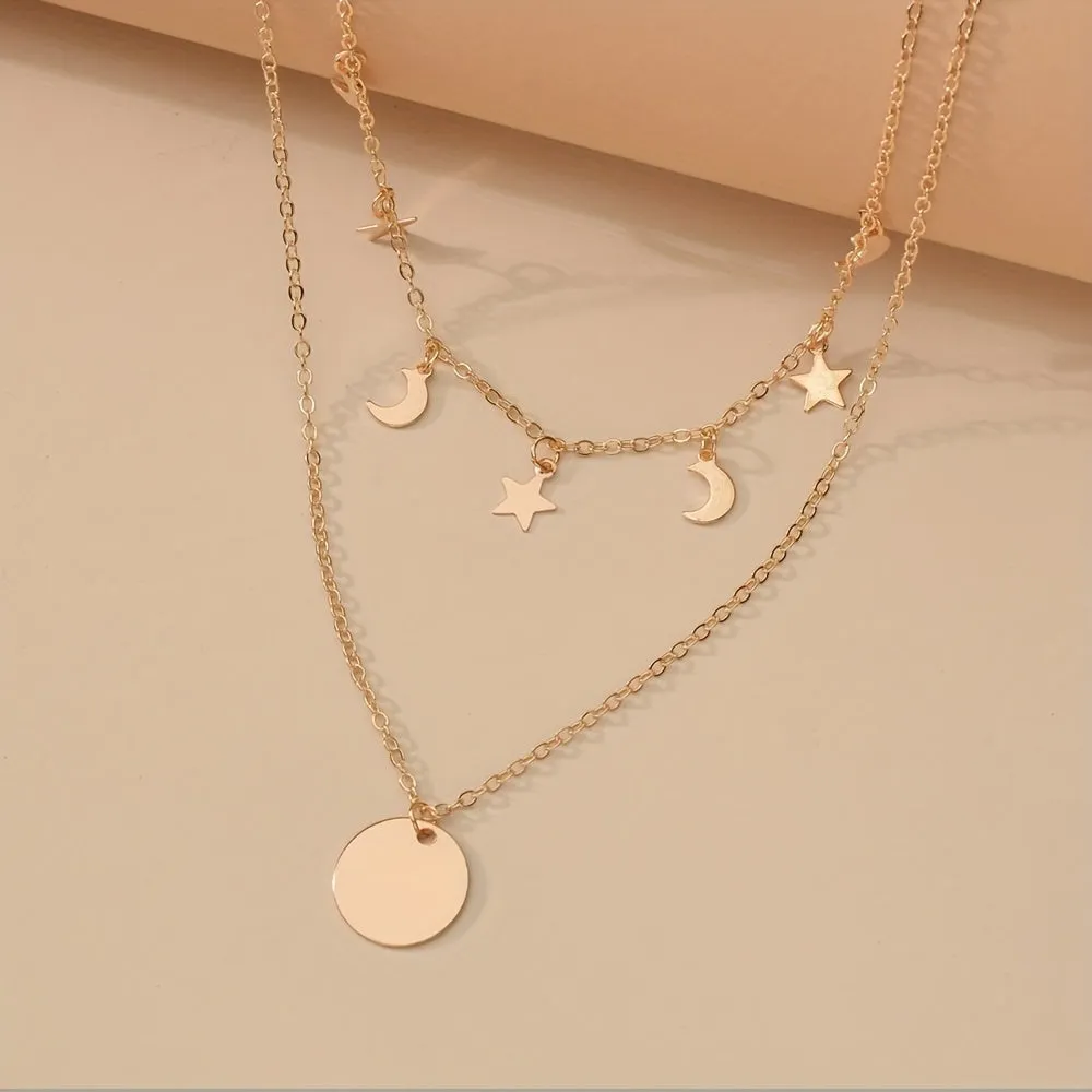 Golden Alloy Round Pendant Double Layer Star & Moon Women's Alloy Necklace