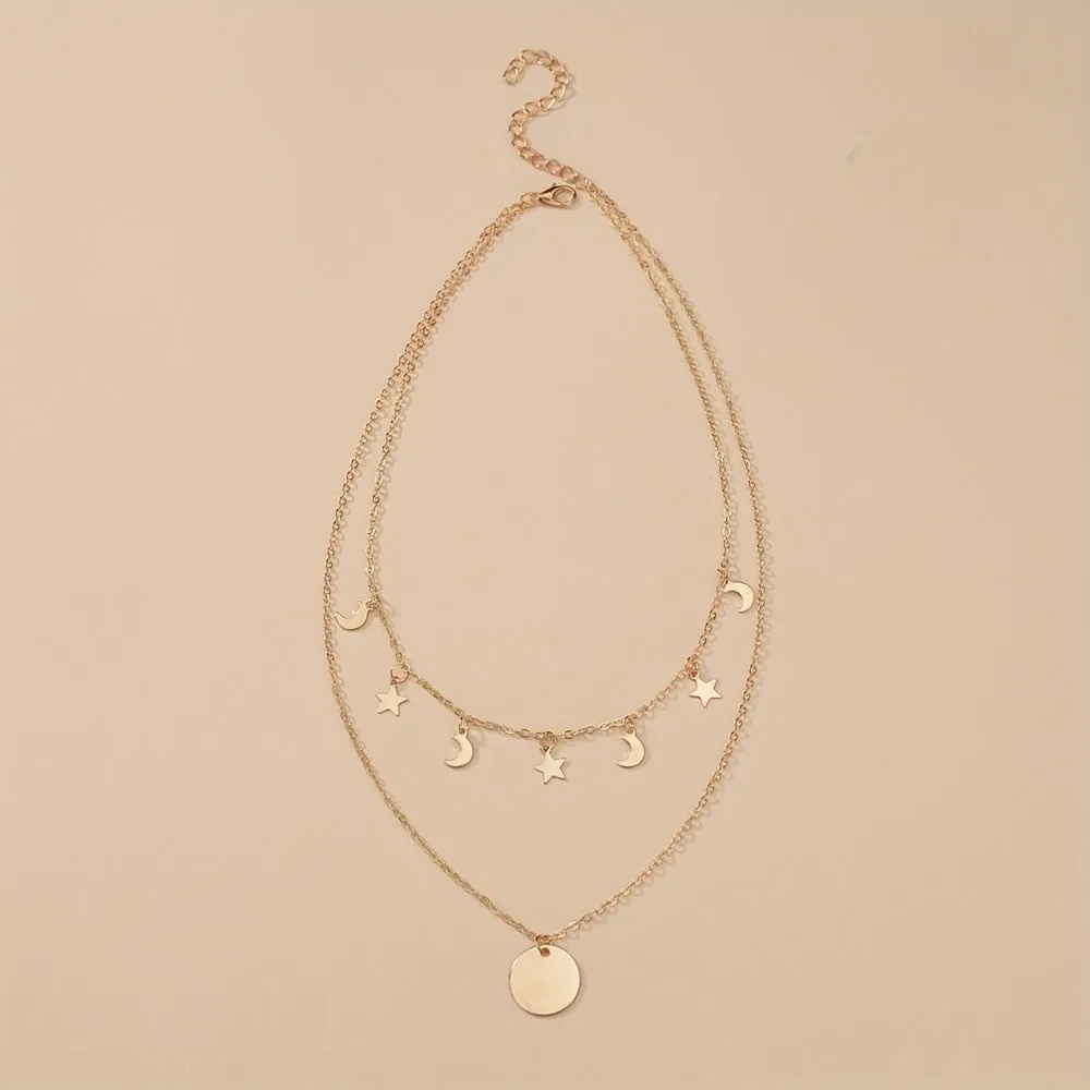 Golden Alloy Round Pendant Double Layer Star & Moon Women's Alloy Necklace