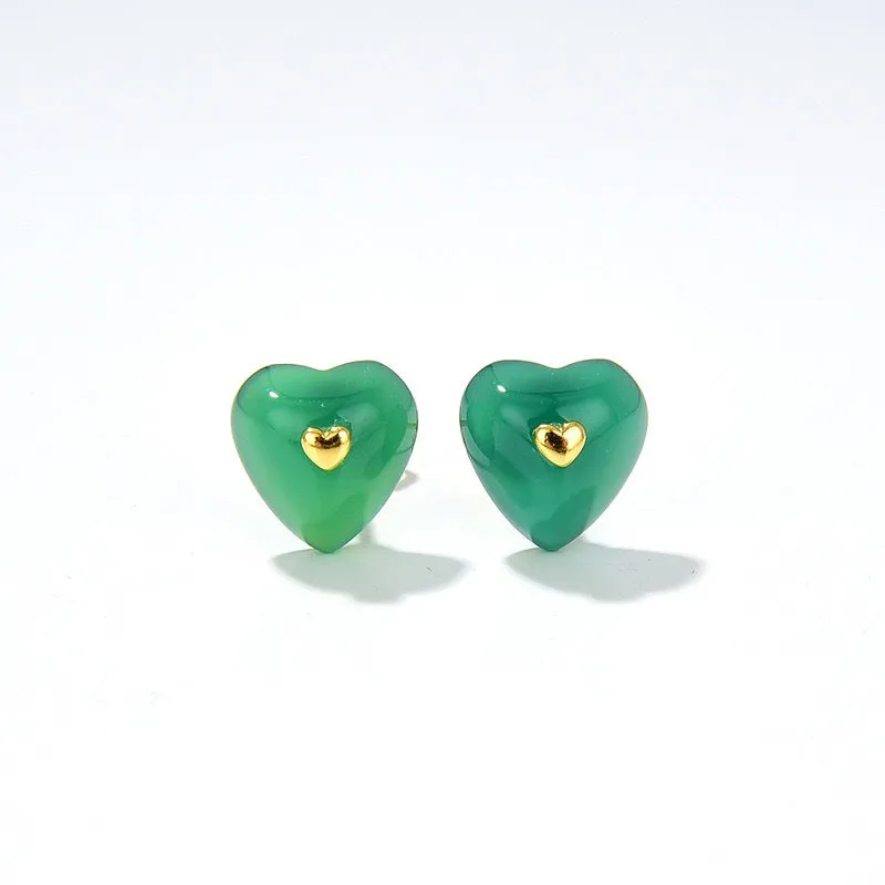 Green Agate Heart Pendant Necklace and Earrings (Purchase Individually)