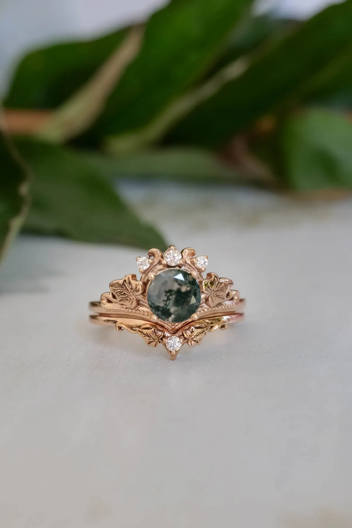 Green moss agate engagement ring, promise ring with diamonds / Ariadne