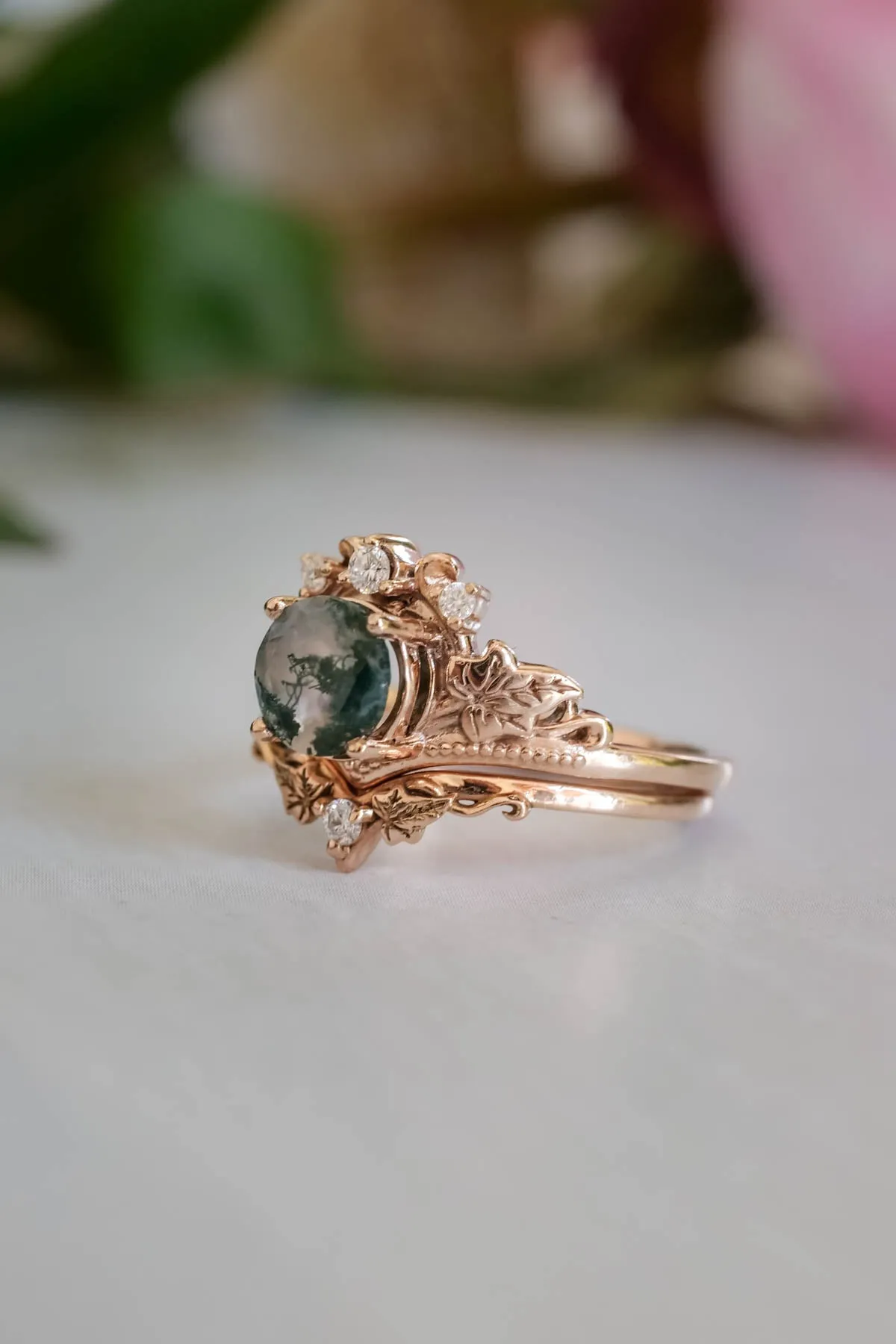 Green moss agate engagement ring, promise ring with diamonds / Ariadne