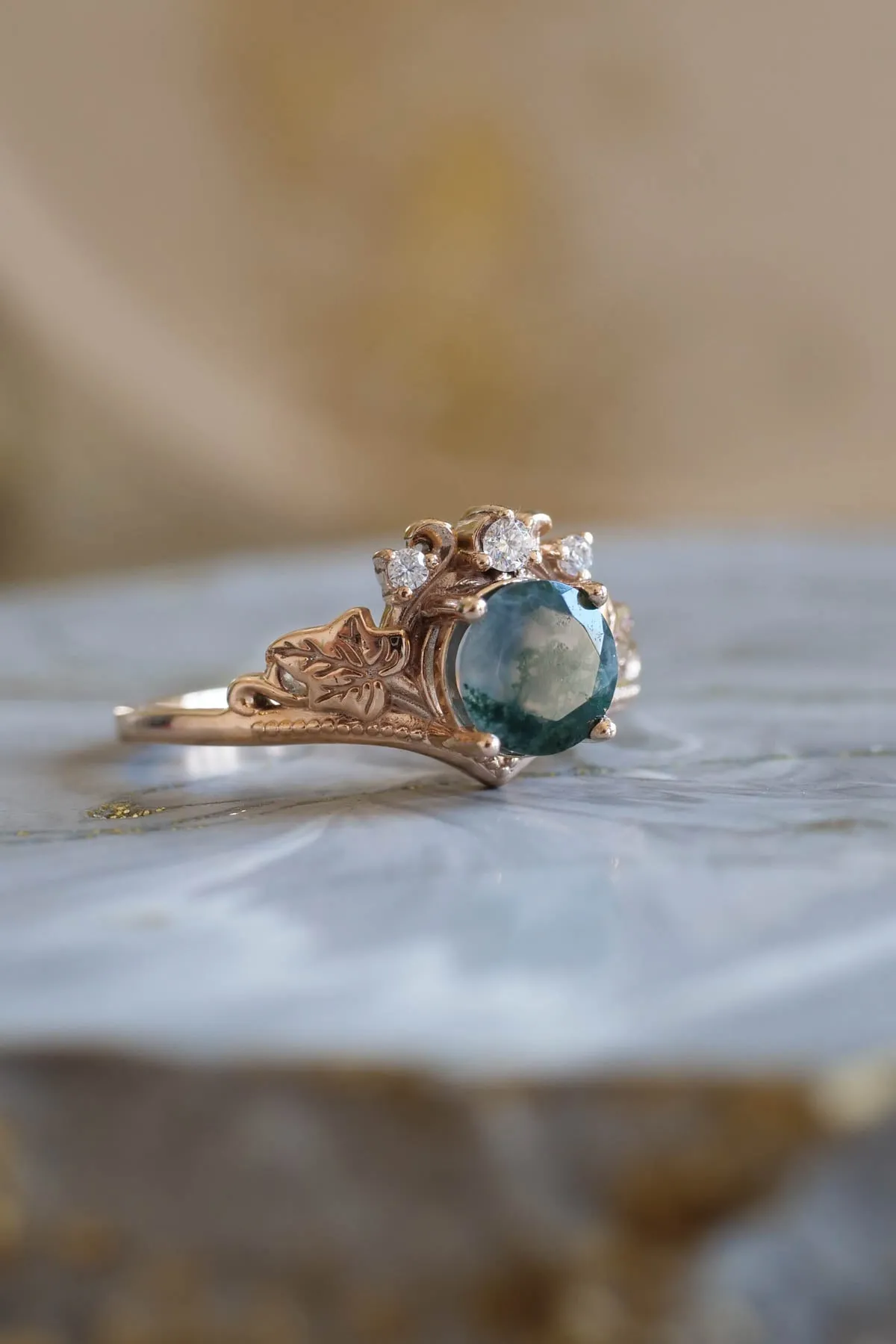 Green moss agate engagement ring, promise ring with diamonds / Ariadne