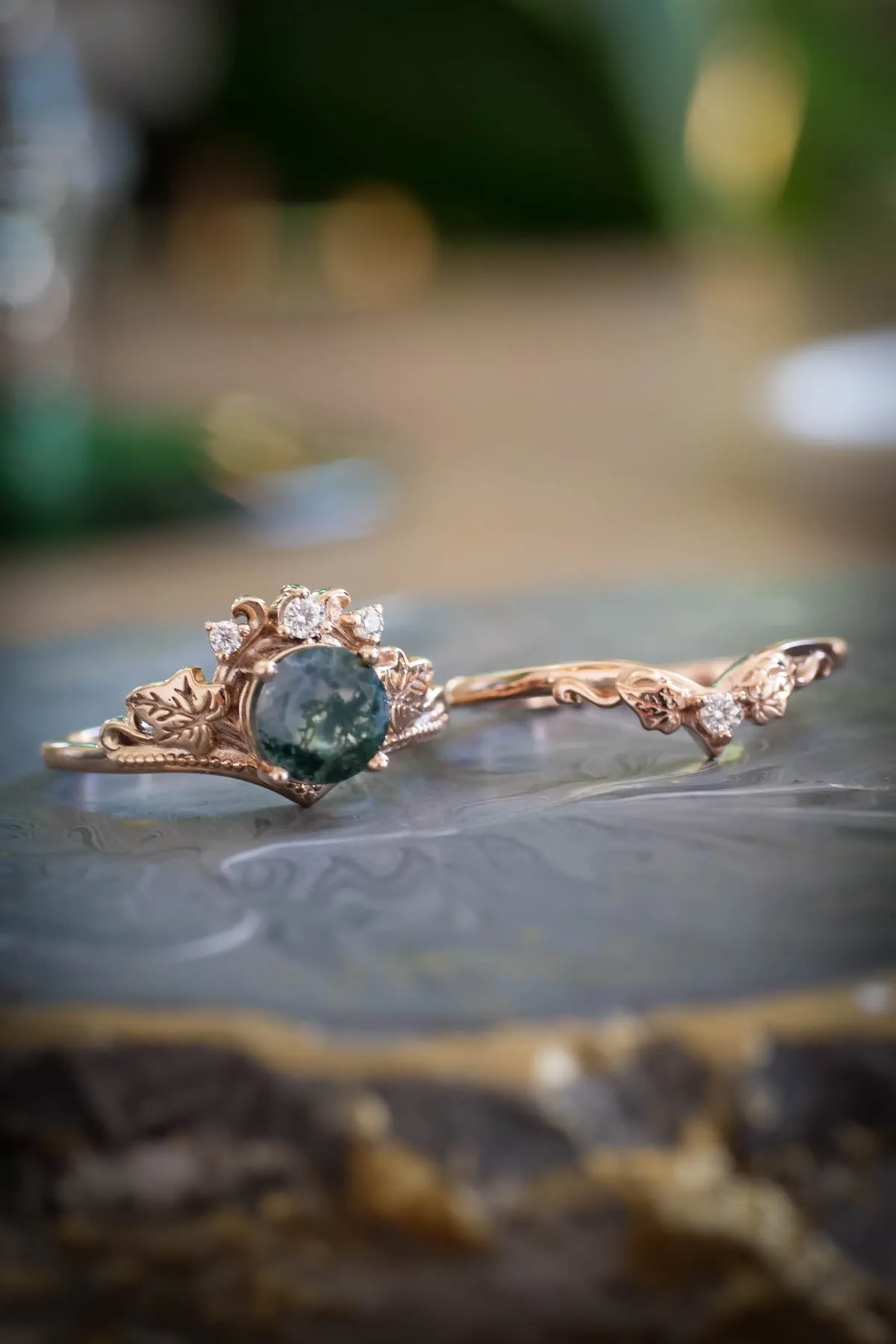 Green moss agate engagement ring, promise ring with diamonds / Ariadne