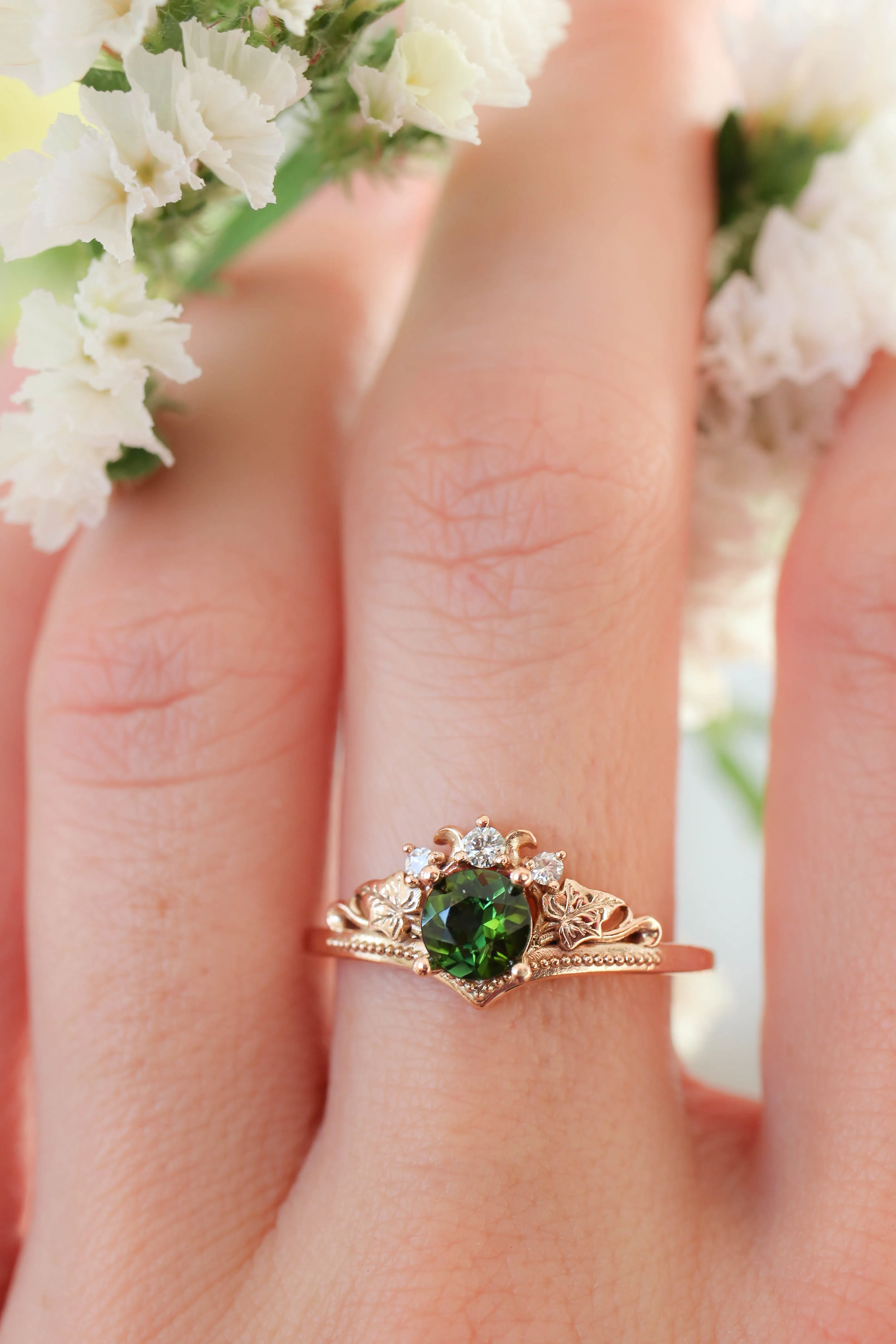 Green tourmaline and diamonds engagement ring / Ariadne