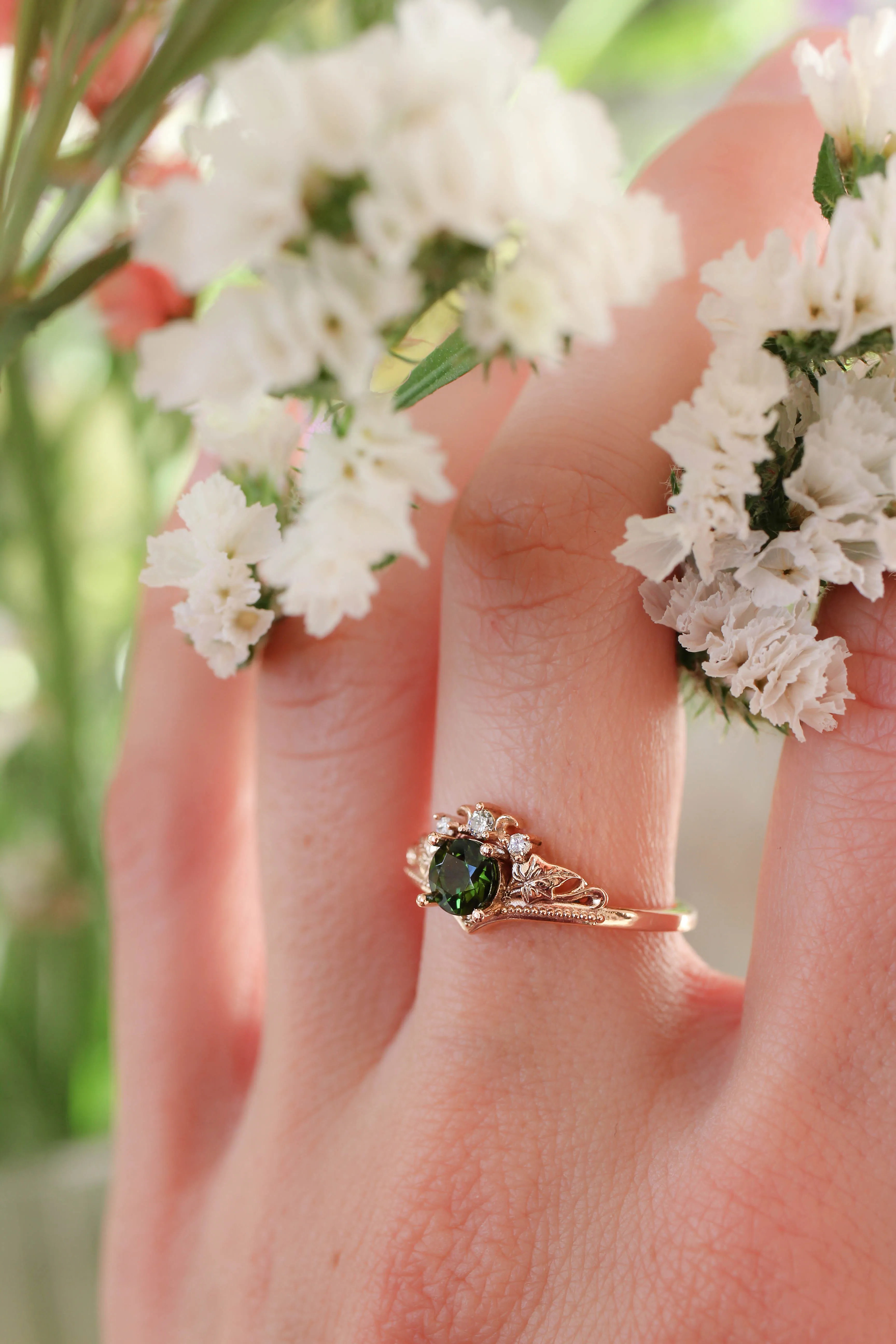 Green tourmaline and diamonds engagement ring / Ariadne